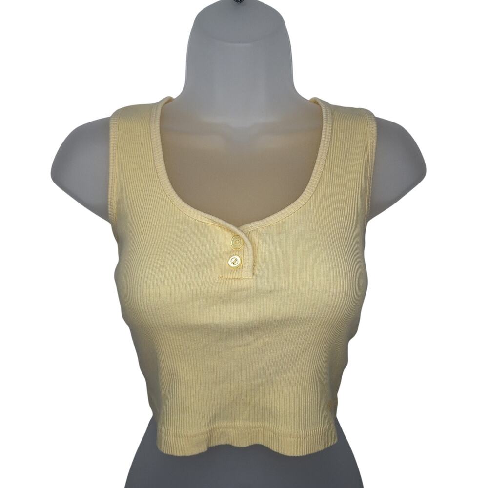 Vintage 90s Y2K XOXO Henley Tank Top Cropped Ribbed Medium Butter Yellow Basic